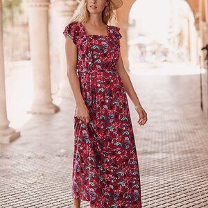 Garnet Hill Dulce Stretch Knit Maxi Dress Red Fantasy Floral Sm NWOT